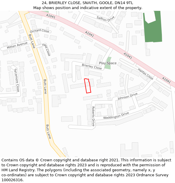 24, BRIERLEY CLOSE, SNAITH, GOOLE, DN14 9TL: Location map and indicative extent of plot