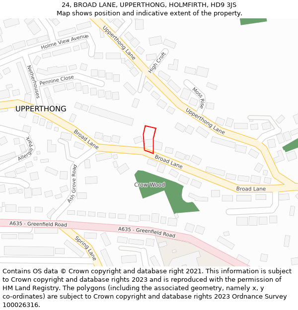24, BROAD LANE, UPPERTHONG, HOLMFIRTH, HD9 3JS: Location map and indicative extent of plot