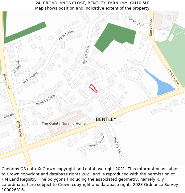 24, BROADLANDS CLOSE, BENTLEY, FARNHAM, GU10 5LE: Location map and indicative extent of plot