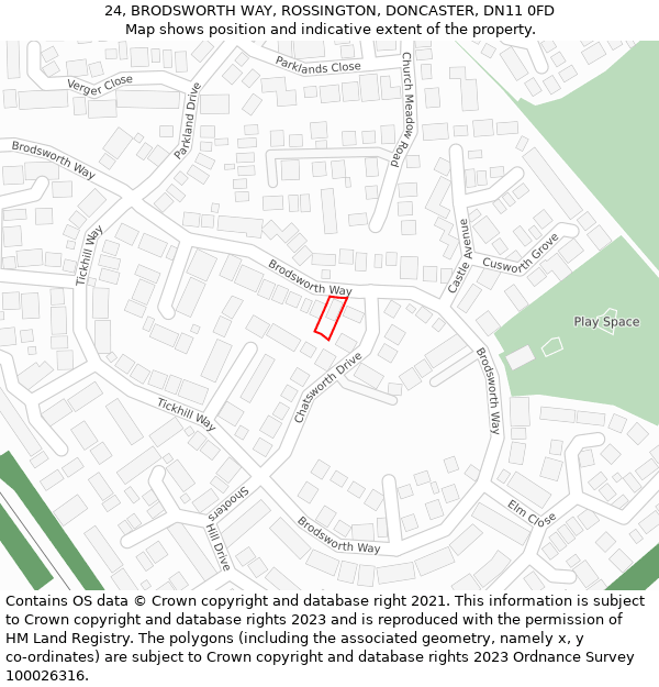 24, BRODSWORTH WAY, ROSSINGTON, DONCASTER, DN11 0FD: Location map and indicative extent of plot