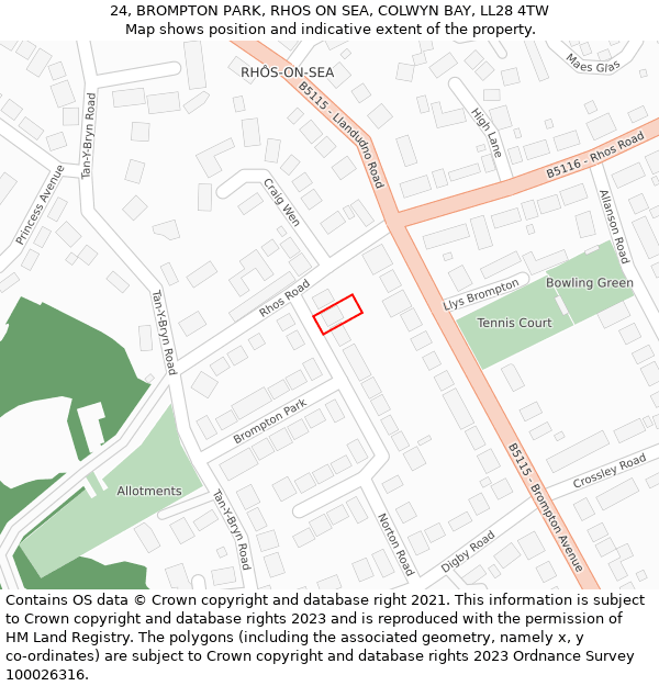 24, BROMPTON PARK, RHOS ON SEA, COLWYN BAY, LL28 4TW: Location map and indicative extent of plot