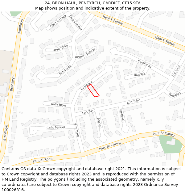 24, BRON HAUL, PENTYRCH, CARDIFF, CF15 9TA: Location map and indicative extent of plot