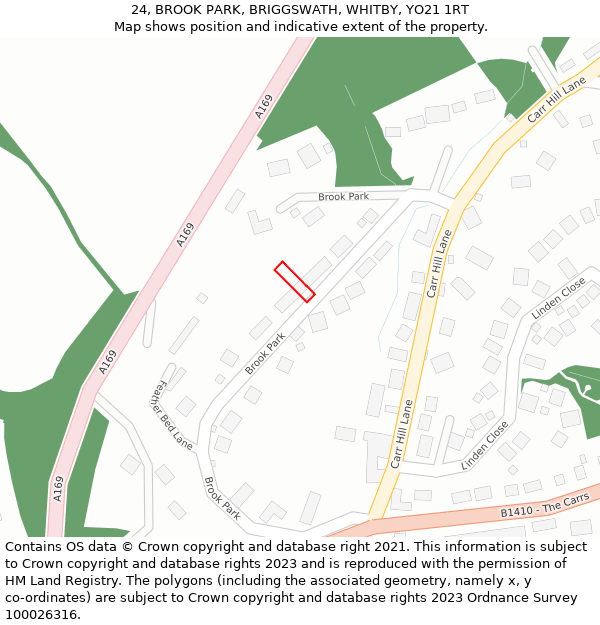 24, BROOK PARK, BRIGGSWATH, WHITBY, YO21 1RT: Location map and indicative extent of plot