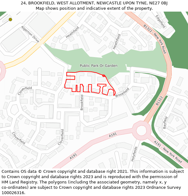 24, BROOKFIELD, WEST ALLOTMENT, NEWCASTLE UPON TYNE, NE27 0BJ: Location map and indicative extent of plot
