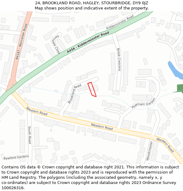 24, BROOKLAND ROAD, HAGLEY, STOURBRIDGE, DY9 0JZ: Location map and indicative extent of plot