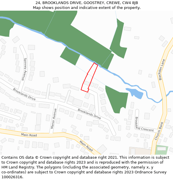 24, BROOKLANDS DRIVE, GOOSTREY, CREWE, CW4 8JB: Location map and indicative extent of plot