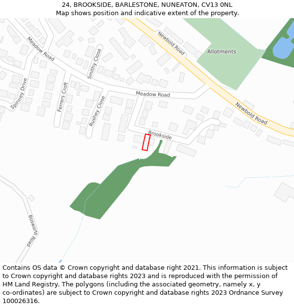 24, BROOKSIDE, BARLESTONE, NUNEATON, CV13 0NL: Location map and indicative extent of plot
