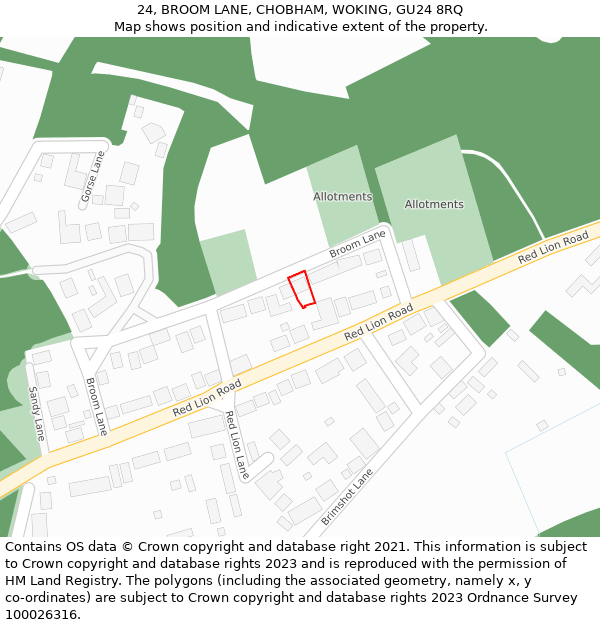 24, BROOM LANE, CHOBHAM, WOKING, GU24 8RQ: Location map and indicative extent of plot