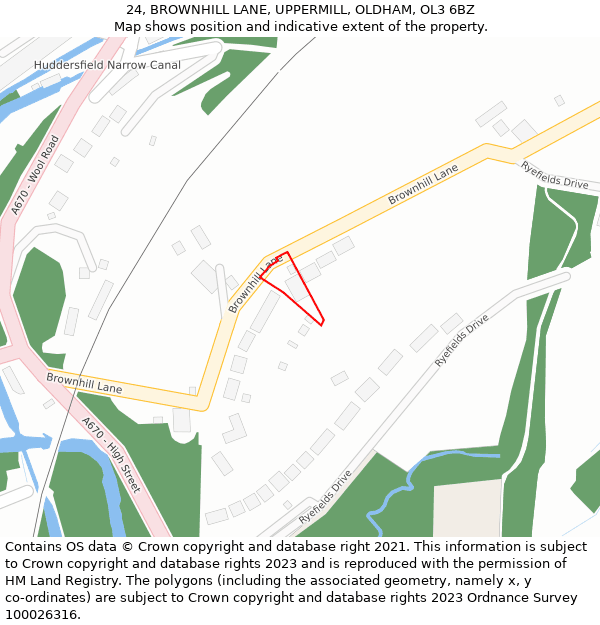 24, BROWNHILL LANE, UPPERMILL, OLDHAM, OL3 6BZ: Location map and indicative extent of plot