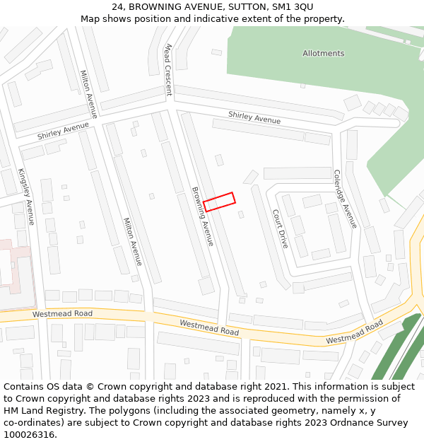 24, BROWNING AVENUE, SUTTON, SM1 3QU: Location map and indicative extent of plot