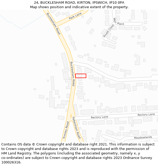 24, BUCKLESHAM ROAD, KIRTON, IPSWICH, IP10 0PA: Location map and indicative extent of plot