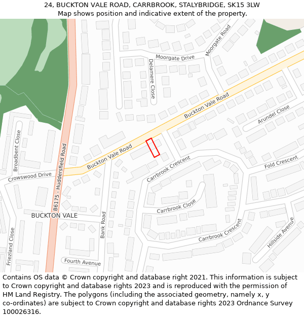 24, BUCKTON VALE ROAD, CARRBROOK, STALYBRIDGE, SK15 3LW: Location map and indicative extent of plot