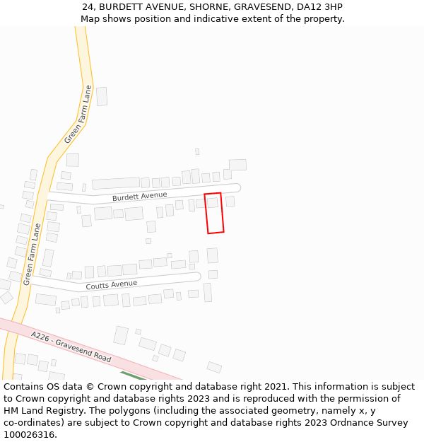 24, BURDETT AVENUE, SHORNE, GRAVESEND, DA12 3HP: Location map and indicative extent of plot