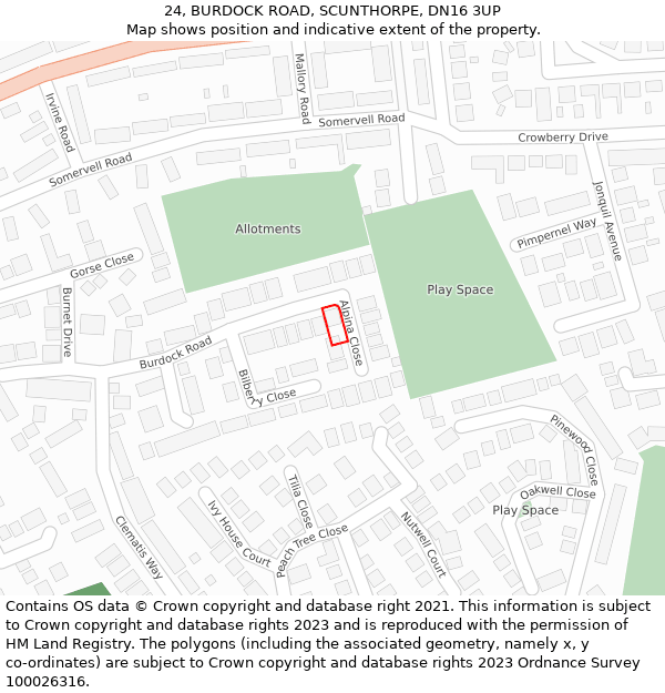 24, BURDOCK ROAD, SCUNTHORPE, DN16 3UP: Location map and indicative extent of plot