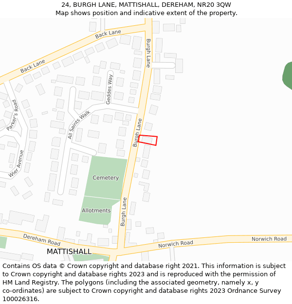 24, BURGH LANE, MATTISHALL, DEREHAM, NR20 3QW: Location map and indicative extent of plot