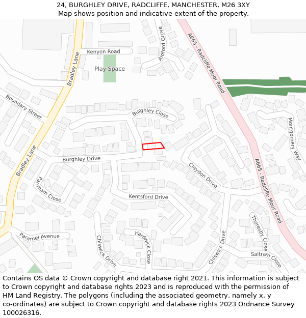 24, BURGHLEY DRIVE, RADCLIFFE, MANCHESTER, M26 3XY: Location map and indicative extent of plot