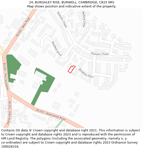 24, BURGHLEY RISE, BURWELL, CAMBRIDGE, CB25 0RS: Location map and indicative extent of plot