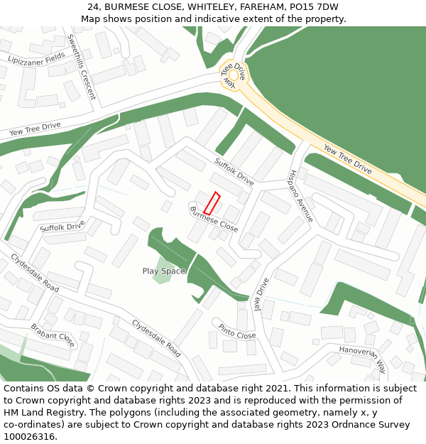 24, BURMESE CLOSE, WHITELEY, FAREHAM, PO15 7DW: Location map and indicative extent of plot