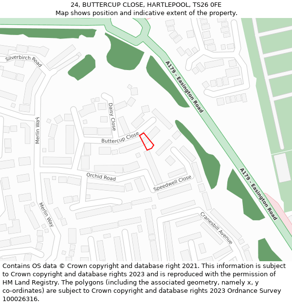 24, BUTTERCUP CLOSE, HARTLEPOOL, TS26 0FE: Location map and indicative extent of plot