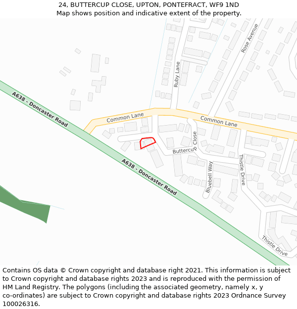 24, BUTTERCUP CLOSE, UPTON, PONTEFRACT, WF9 1ND: Location map and indicative extent of plot