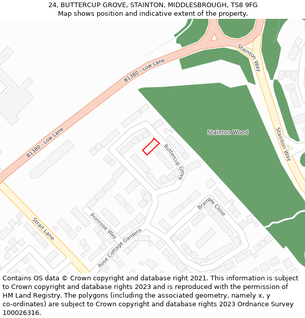 24, BUTTERCUP GROVE, STAINTON, MIDDLESBROUGH, TS8 9FG: Location map and indicative extent of plot