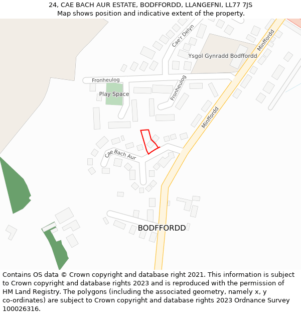 24, CAE BACH AUR ESTATE, BODFFORDD, LLANGEFNI, LL77 7JS: Location map and indicative extent of plot