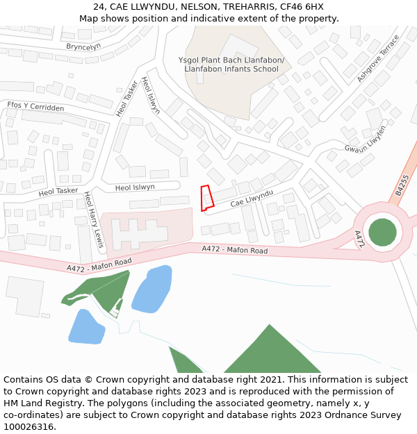24, CAE LLWYNDU, NELSON, TREHARRIS, CF46 6HX: Location map and indicative extent of plot