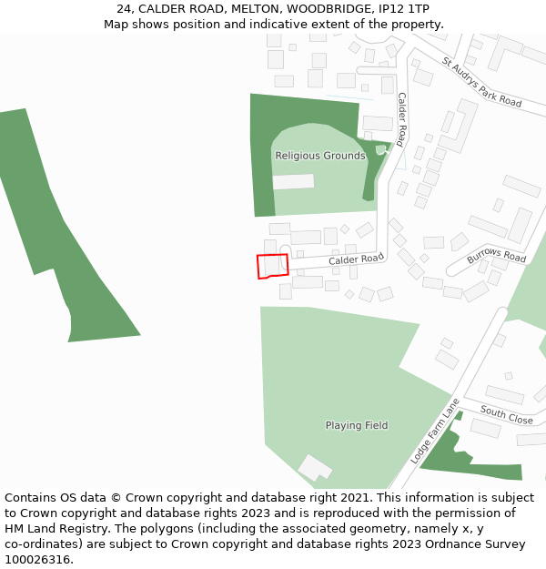 24, CALDER ROAD, MELTON, WOODBRIDGE, IP12 1TP: Location map and indicative extent of plot