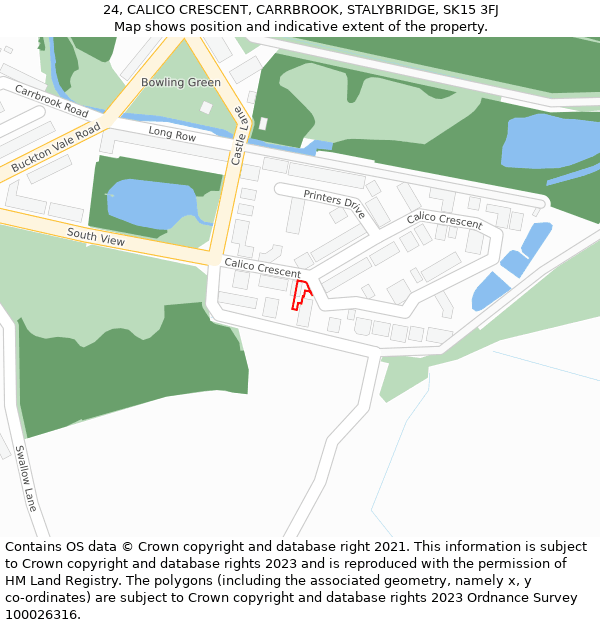 24, CALICO CRESCENT, CARRBROOK, STALYBRIDGE, SK15 3FJ: Location map and indicative extent of plot