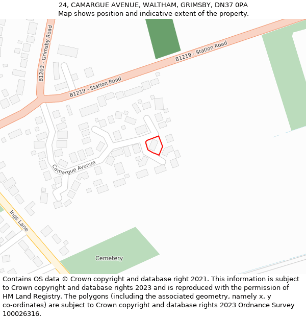 24, CAMARGUE AVENUE, WALTHAM, GRIMSBY, DN37 0PA: Location map and indicative extent of plot