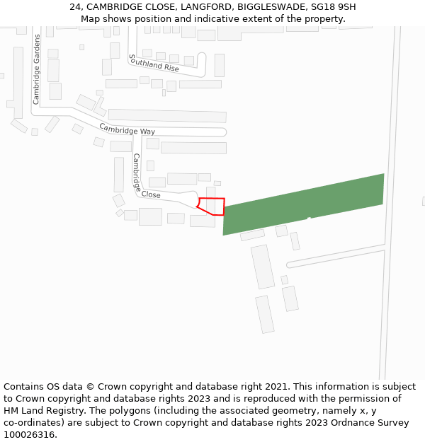 24, CAMBRIDGE CLOSE, LANGFORD, BIGGLESWADE, SG18 9SH: Location map and indicative extent of plot