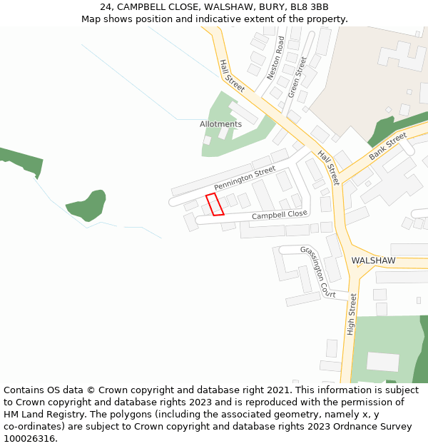 24, CAMPBELL CLOSE, WALSHAW, BURY, BL8 3BB: Location map and indicative extent of plot
