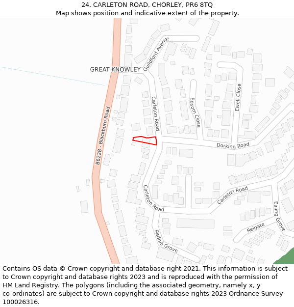 24, CARLETON ROAD, CHORLEY, PR6 8TQ: Location map and indicative extent of plot