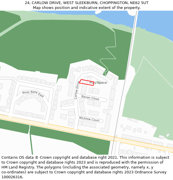 24, CARLOW DRIVE, WEST SLEEKBURN, CHOPPINGTON, NE62 5UT: Location map and indicative extent of plot