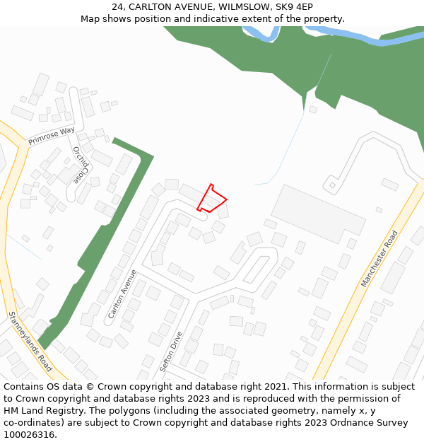 24, CARLTON AVENUE, WILMSLOW, SK9 4EP: Location map and indicative extent of plot