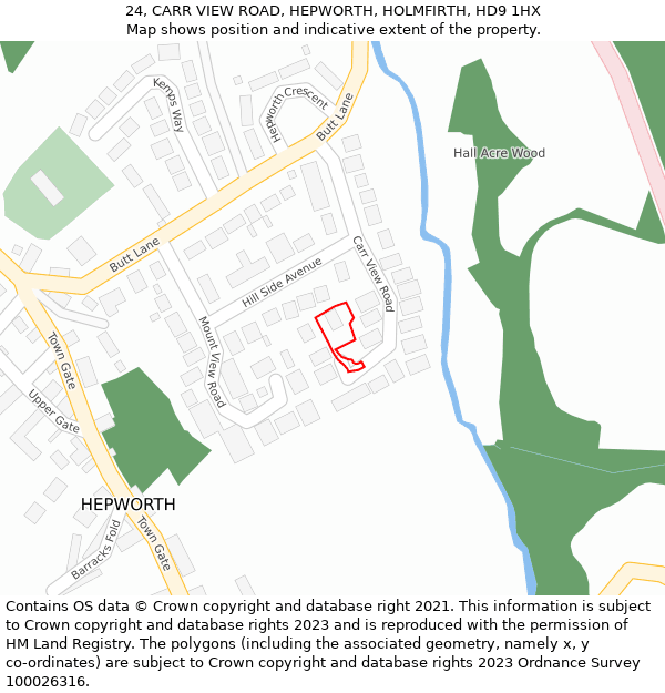 24, CARR VIEW ROAD, HEPWORTH, HOLMFIRTH, HD9 1HX: Location map and indicative extent of plot