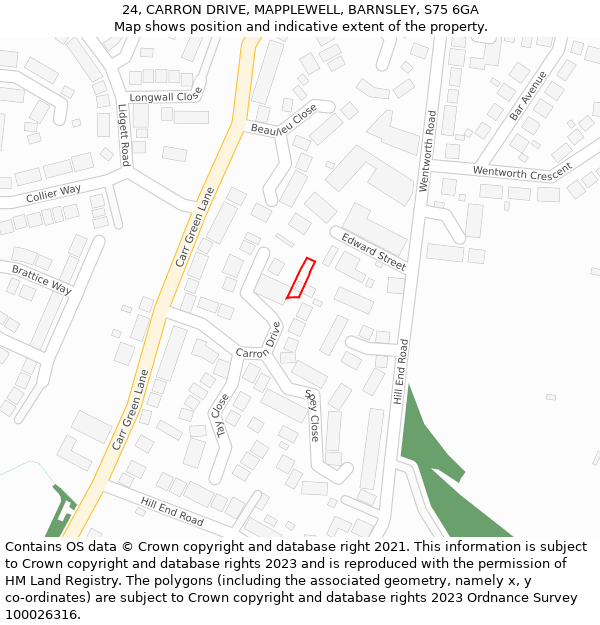 24, CARRON DRIVE, MAPPLEWELL, BARNSLEY, S75 6GA: Location map and indicative extent of plot