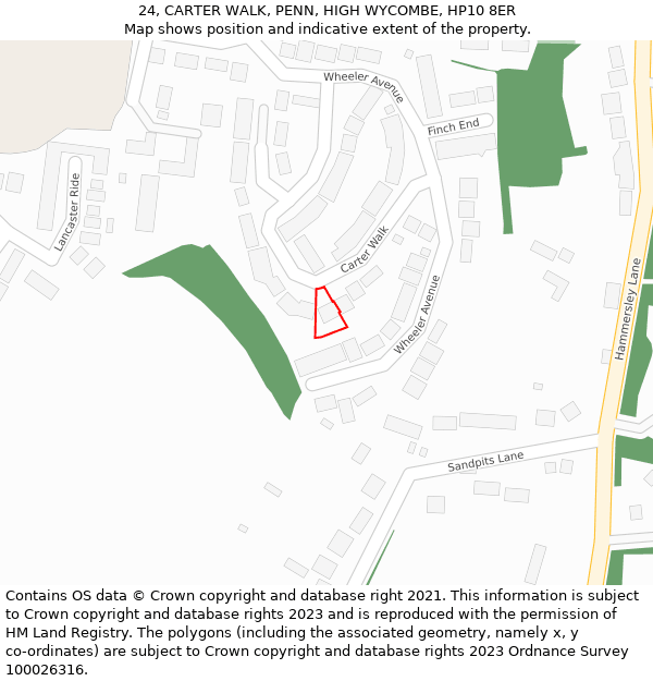 24, CARTER WALK, PENN, HIGH WYCOMBE, HP10 8ER: Location map and indicative extent of plot