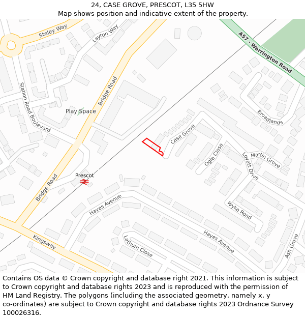 24, CASE GROVE, PRESCOT, L35 5HW: Location map and indicative extent of plot