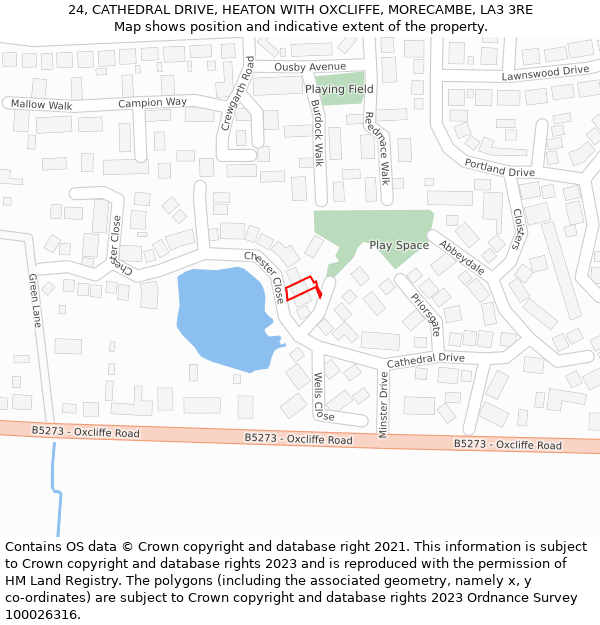 24, CATHEDRAL DRIVE, HEATON WITH OXCLIFFE, MORECAMBE, LA3 3RE: Location map and indicative extent of plot