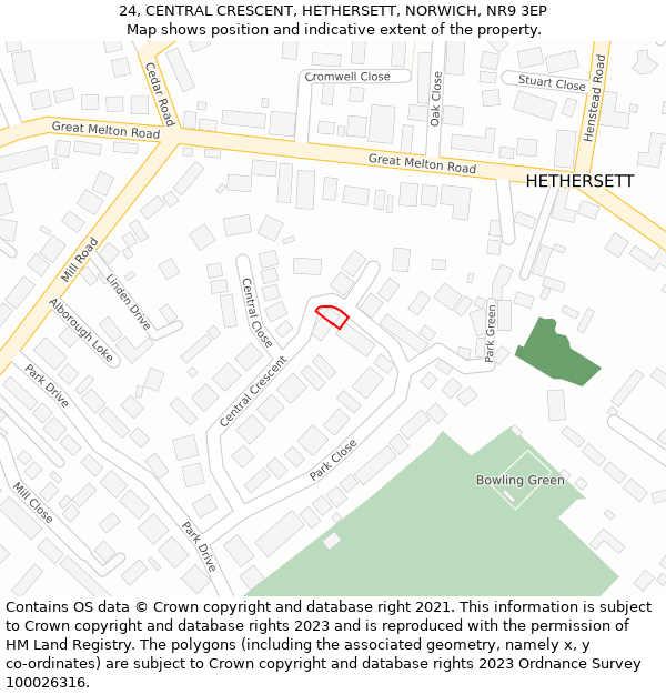 24, CENTRAL CRESCENT, HETHERSETT, NORWICH, NR9 3EP: Location map and indicative extent of plot