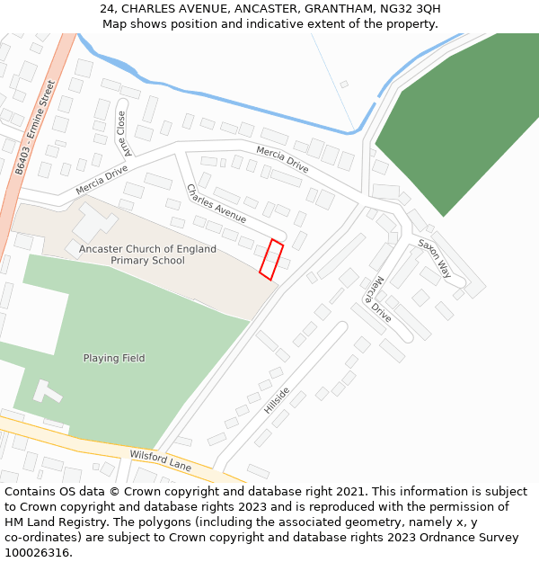 24, CHARLES AVENUE, ANCASTER, GRANTHAM, NG32 3QH: Location map and indicative extent of plot