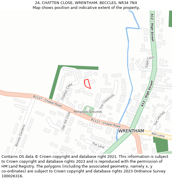 24, CHATTEN CLOSE, WRENTHAM, BECCLES, NR34 7NX: Location map and indicative extent of plot