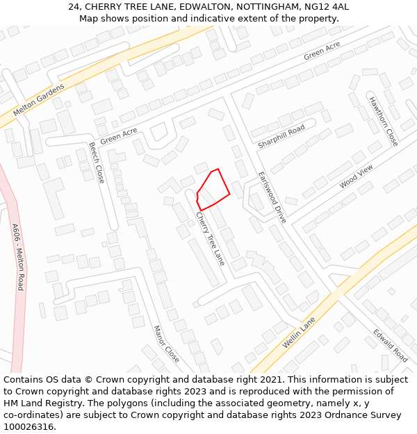 24, CHERRY TREE LANE, EDWALTON, NOTTINGHAM, NG12 4AL: Location map and indicative extent of plot