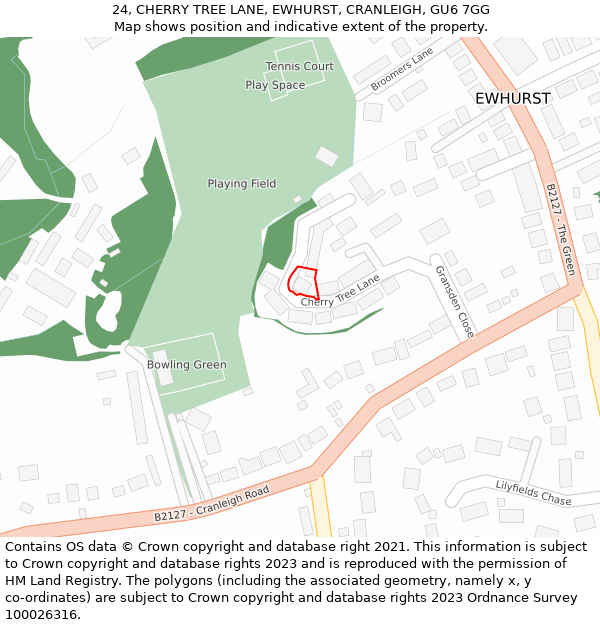 24, CHERRY TREE LANE, EWHURST, CRANLEIGH, GU6 7GG: Location map and indicative extent of plot