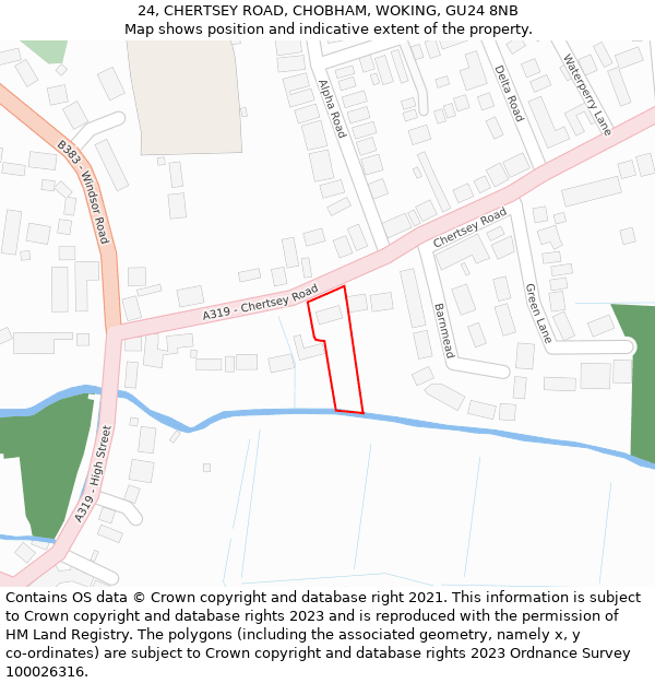 24, CHERTSEY ROAD, CHOBHAM, WOKING, GU24 8NB: Location map and indicative extent of plot