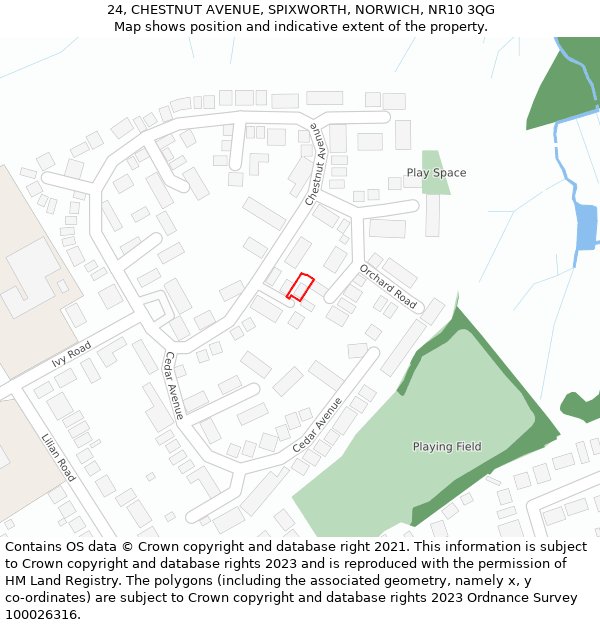24, CHESTNUT AVENUE, SPIXWORTH, NORWICH, NR10 3QG: Location map and indicative extent of plot