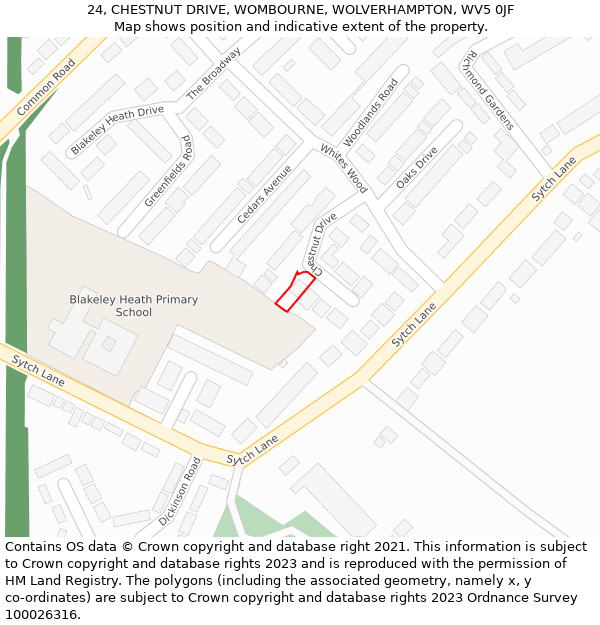 24, CHESTNUT DRIVE, WOMBOURNE, WOLVERHAMPTON, WV5 0JF: Location map and indicative extent of plot