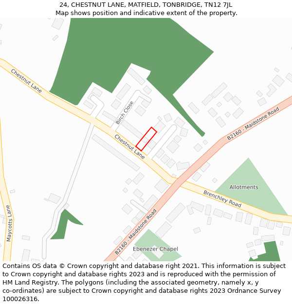24, CHESTNUT LANE, MATFIELD, TONBRIDGE, TN12 7JL: Location map and indicative extent of plot
