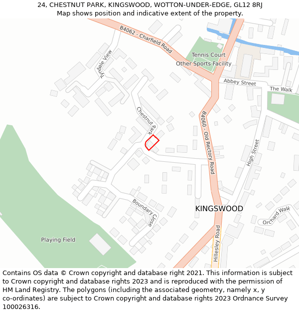 24, CHESTNUT PARK, KINGSWOOD, WOTTON-UNDER-EDGE, GL12 8RJ: Location map and indicative extent of plot